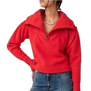 FREE PEOPLE Poppy Sherpa 1/4 Zip Pullover XS Red Cropped Fleece EUC